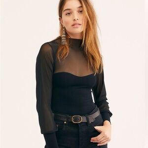 Free People Black Sheer Panel Long-Sleeve Top
